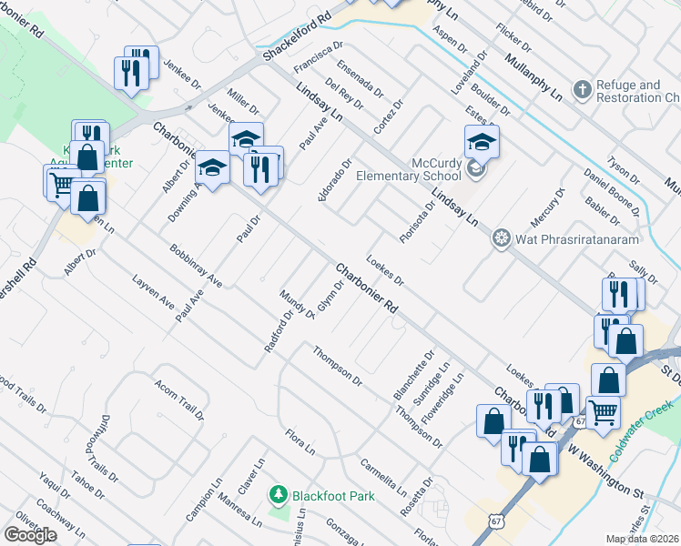 map of restaurants, bars, coffee shops, grocery stores, and more near 1253 Charbonier Road in Florissant