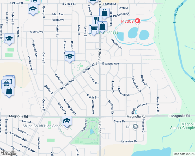map of restaurants, bars, coffee shops, grocery stores, and more near 2142 Oxford Drive in Salina