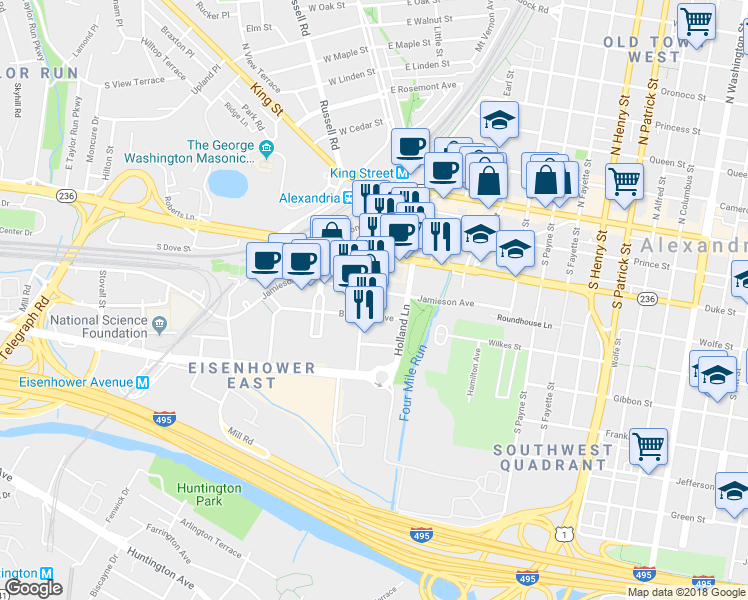 map of restaurants, bars, coffee shops, grocery stores, and more near 404 John Carlyle Street in Alexandria