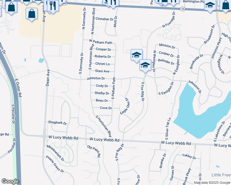 map of restaurants, bars, coffee shops, grocery stores, and more near 306 Eagle Glen Court in Raymore