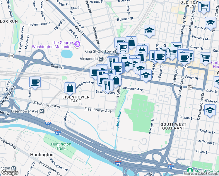 map of restaurants, bars, coffee shops, grocery stores, and more near 404 John Carlyle Street in Alexandria