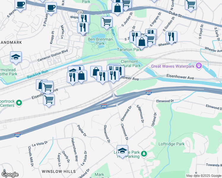 map of restaurants, bars, coffee shops, grocery stores, and more near Eisenhower Avenue Connector in Alexandria