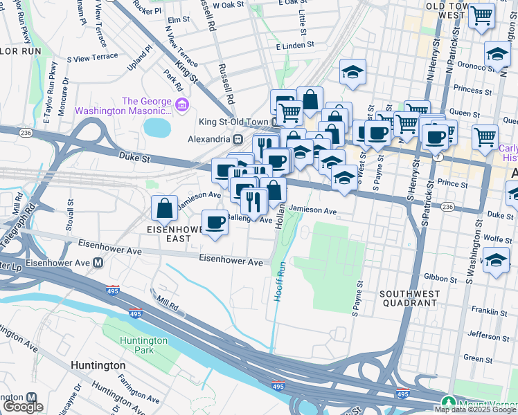 map of restaurants, bars, coffee shops, grocery stores, and more near 402 John Carlyle Street in Alexandria