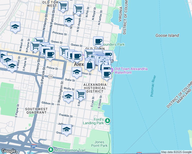 map of restaurants, bars, coffee shops, grocery stores, and more near 203 South Lee Street in Alexandria