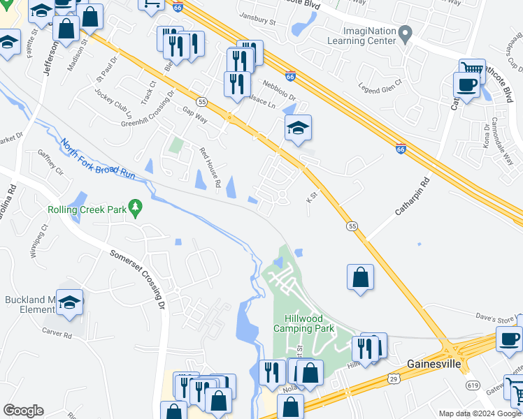 map of restaurants, bars, coffee shops, grocery stores, and more near 7164 Little Thames Drive in Gainesville
