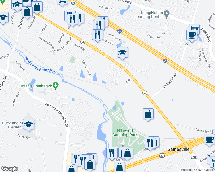 map of restaurants, bars, coffee shops, grocery stores, and more near 7166 Little Thames Drive in Gainesville