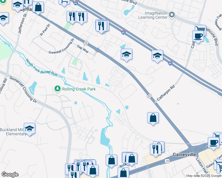 map of restaurants, bars, coffee shops, grocery stores, and more near 7164 Little Thames Drive in Gainesville
