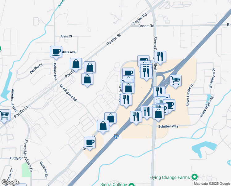 map of restaurants, bars, coffee shops, grocery stores, and more near 5002 Jewel Street in Rocklin