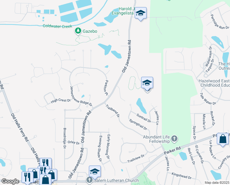 map of restaurants, bars, coffee shops, grocery stores, and more near 5023 Wolverton Drive in Black Jack