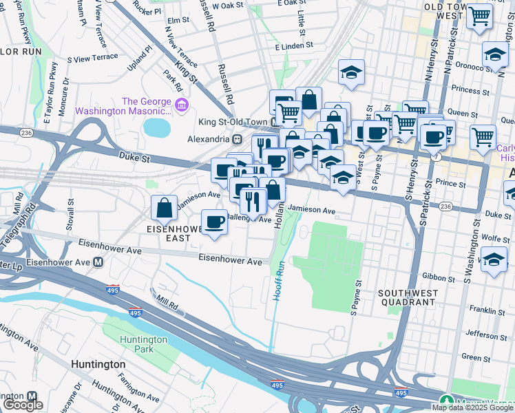 map of restaurants, bars, coffee shops, grocery stores, and more near 402 John Carlyle Street in Alexandria