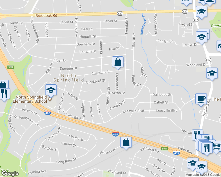 map of restaurants, bars, coffee shops, grocery stores, and more near 5414 Glenallen Street in Springfield