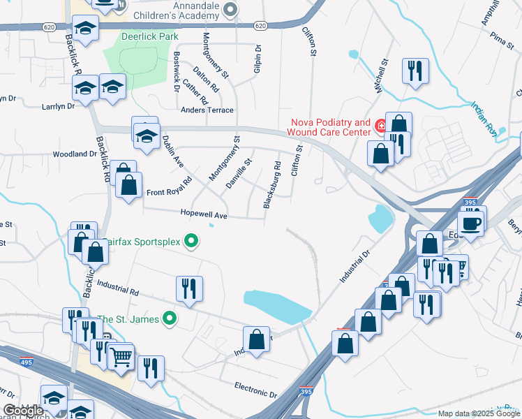 map of restaurants, bars, coffee shops, grocery stores, and more near 5412 Blacksburg Road in Springfield