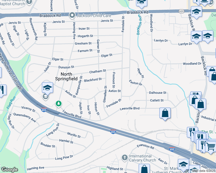 map of restaurants, bars, coffee shops, grocery stores, and more near 5414 Glenallen Street in Springfield