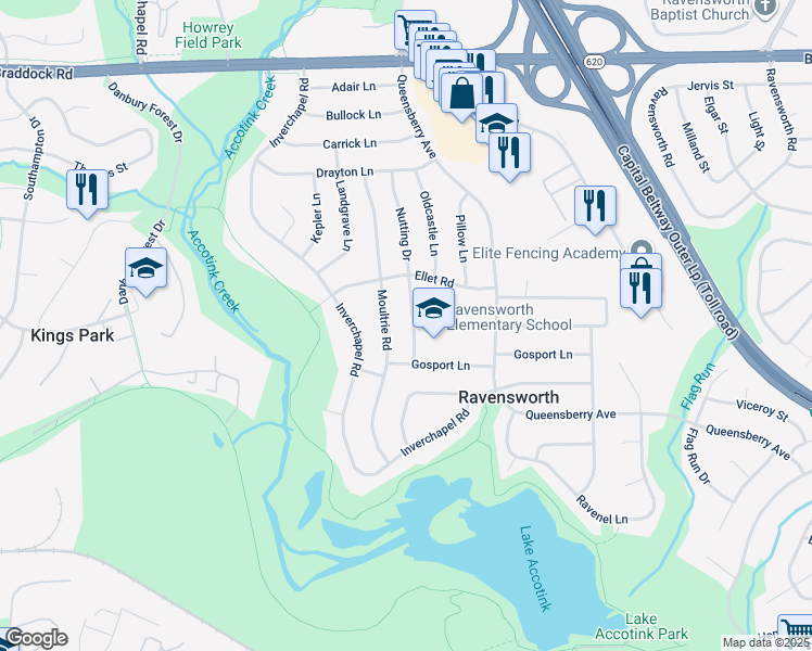 map of restaurants, bars, coffee shops, grocery stores, and more near 5412 Nutting Drive in Springfield
