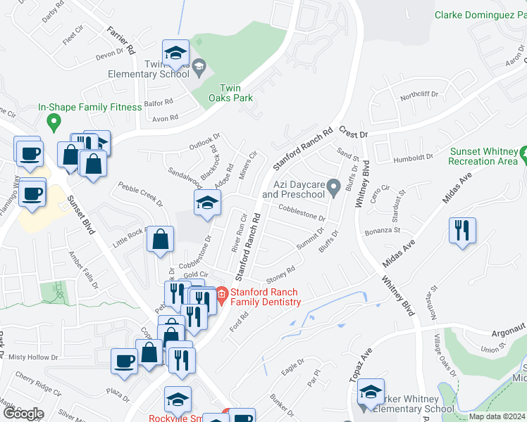 map of restaurants, bars, coffee shops, grocery stores, and more near 5708 Terrace Drive in Rocklin