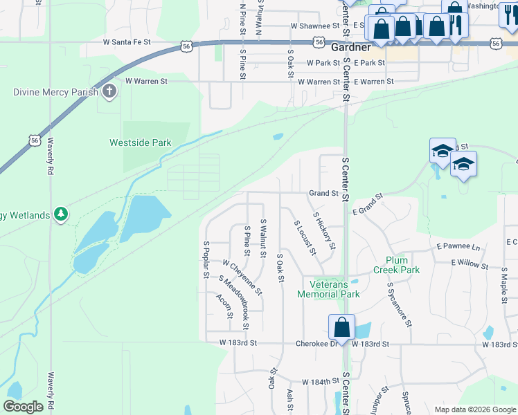 map of restaurants, bars, coffee shops, grocery stores, and more near 544 South Walnut Street in Gardner