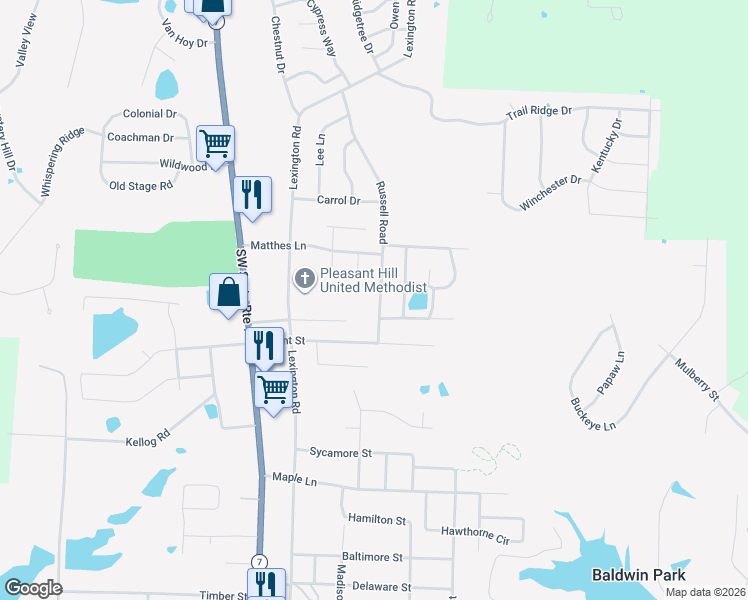 map of restaurants, bars, coffee shops, grocery stores, and more near 1403 Russell Road in Pleasant Hill