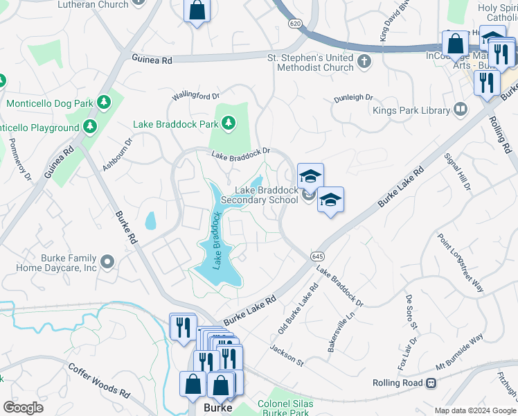 map of restaurants, bars, coffee shops, grocery stores, and more near 5448 Mersea Court in Burke