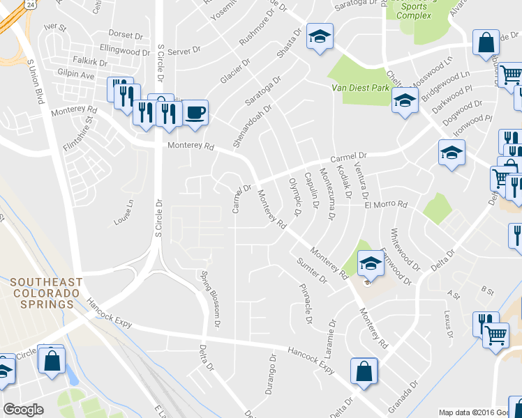 map of restaurants, bars, coffee shops, grocery stores, and more near 1915 Monterey Road in Colorado Springs