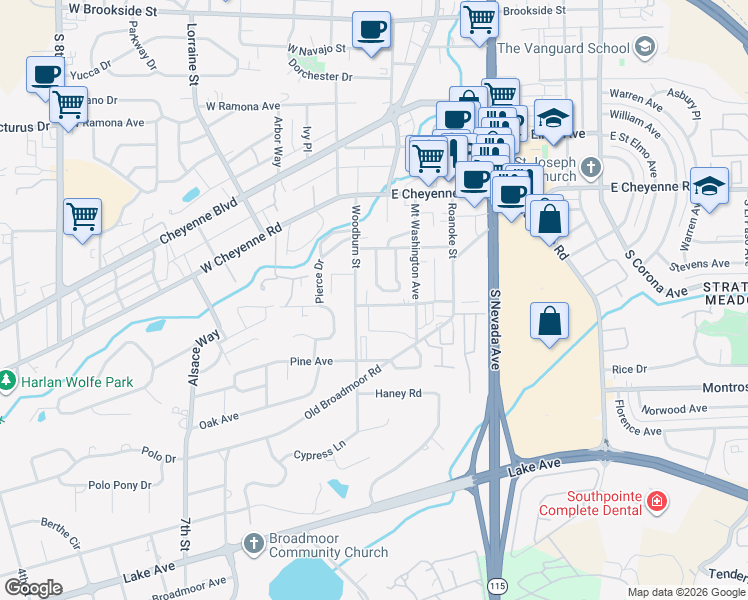 map of restaurants, bars, coffee shops, grocery stores, and more near 11 El Sereno Drive in Colorado Springs
