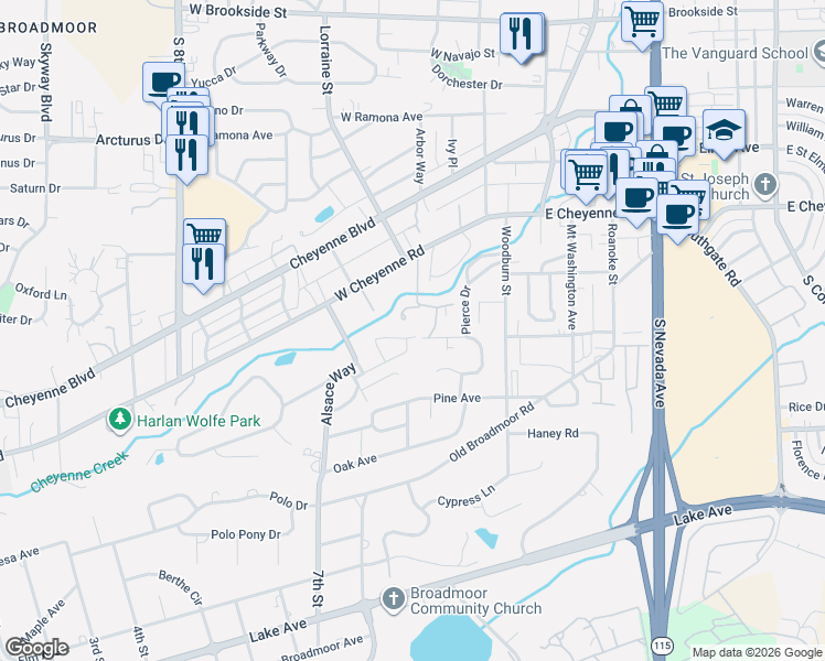 map of restaurants, bars, coffee shops, grocery stores, and more near 1916 Manor Lane in Colorado Springs