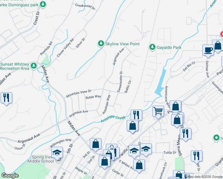 map of restaurants, bars, coffee shops, grocery stores, and more near 3744 Hillside Drive in Rocklin