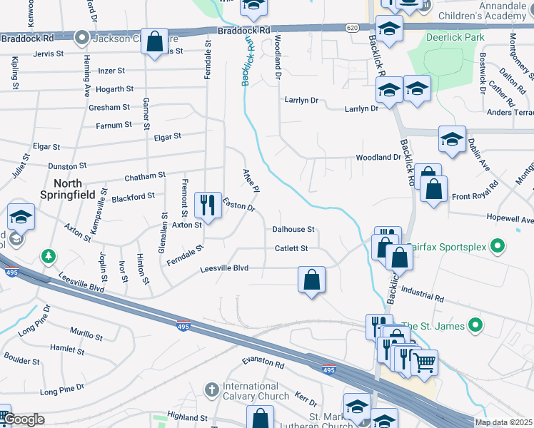 map of restaurants, bars, coffee shops, grocery stores, and more near 5503 Easton Drive in Springfield
