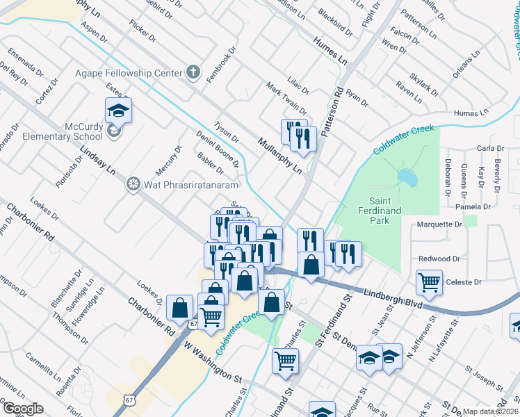 map of restaurants, bars, coffee shops, grocery stores, and more near 6 Sharon Court in Florissant
