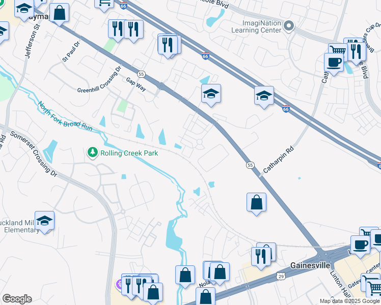 map of restaurants, bars, coffee shops, grocery stores, and more near 7194 Little Thames Drive in Gainesville