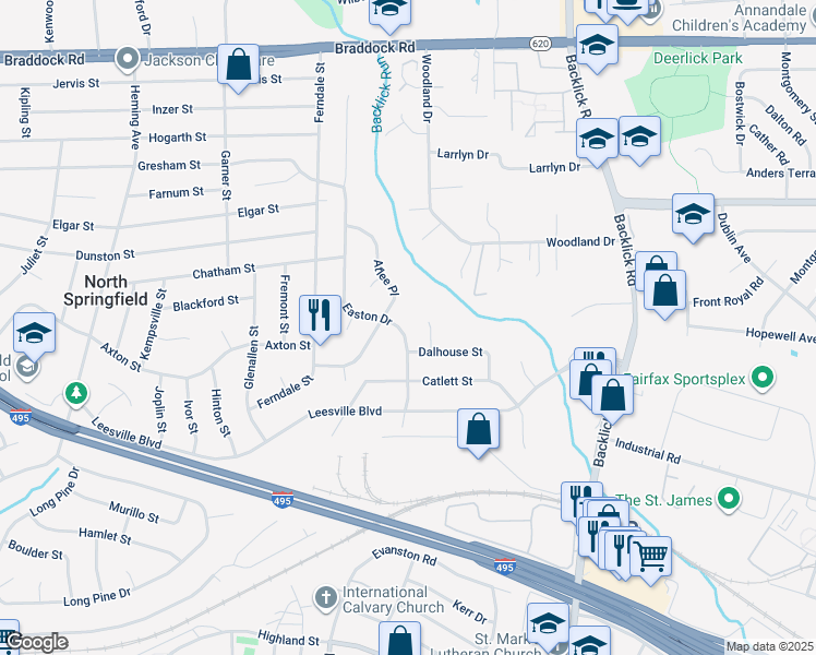 map of restaurants, bars, coffee shops, grocery stores, and more near 5503 Easton Drive in Springfield