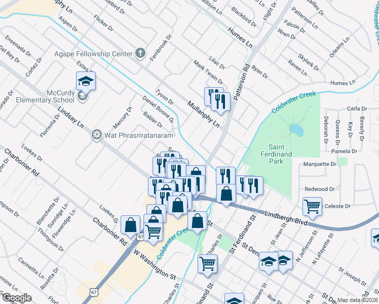 map of restaurants, bars, coffee shops, grocery stores, and more near 6 Sharon Court in Florissant
