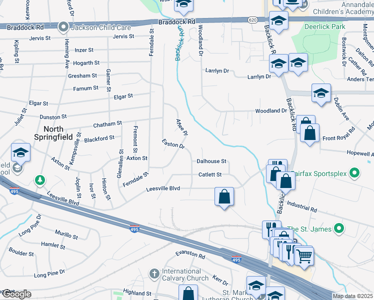 map of restaurants, bars, coffee shops, grocery stores, and more near Outlet in North Springfield