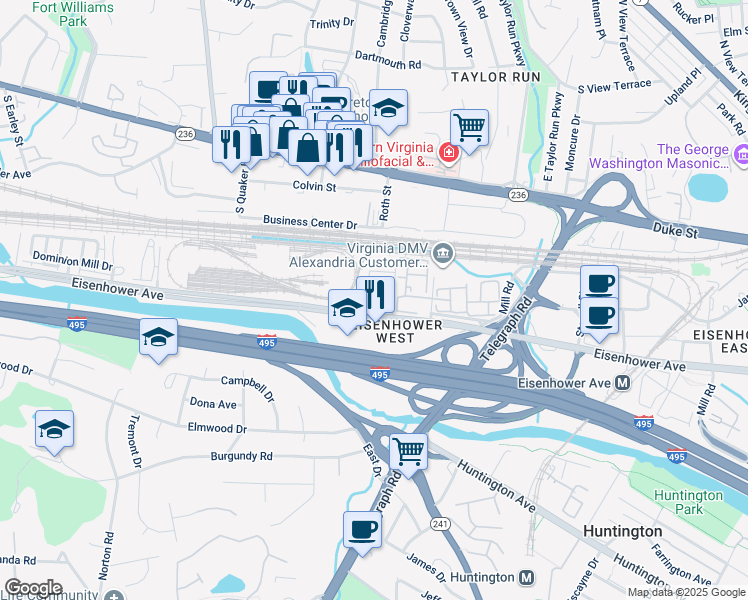 map of restaurants, bars, coffee shops, grocery stores, and more near 114 Ike Drive in Alexandria
