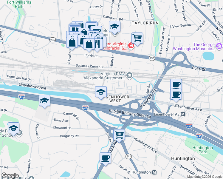 map of restaurants, bars, coffee shops, grocery stores, and more near 126 Ike Drive in Alexandria