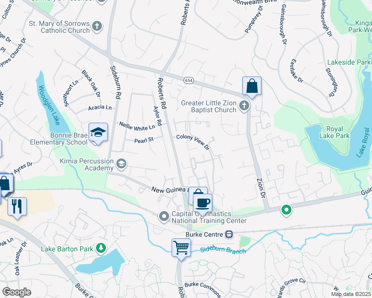 map of restaurants, bars, coffee shops, grocery stores, and more near 5422 New London Park Drive in Fairfax