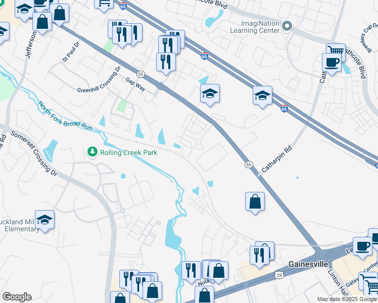 map of restaurants, bars, coffee shops, grocery stores, and more near 7194 Little Thames Drive in Gainesville