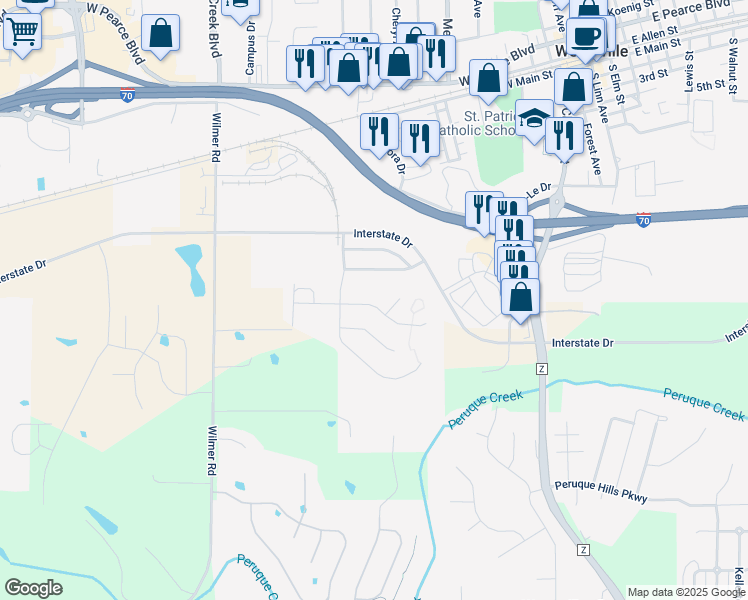 map of restaurants, bars, coffee shops, grocery stores, and more near 417 Ramblewood Way in Wentzville