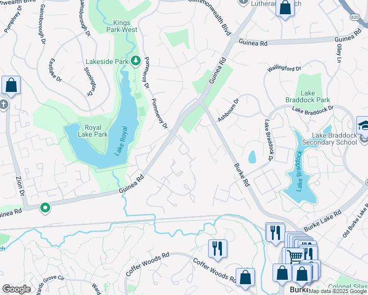 map of restaurants, bars, coffee shops, grocery stores, and more near 9626 Pierrpont Street in Burke