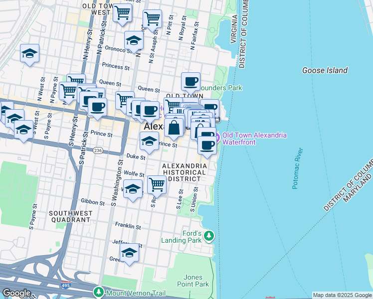 map of restaurants, bars, coffee shops, grocery stores, and more near 203 South Lee Street in Alexandria