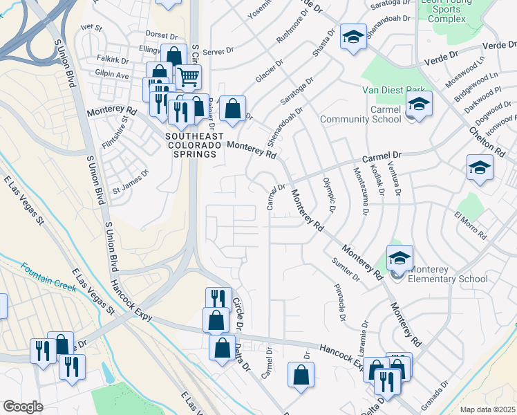 map of restaurants, bars, coffee shops, grocery stores, and more near 2817 Tumblewood Grove in Colorado Springs