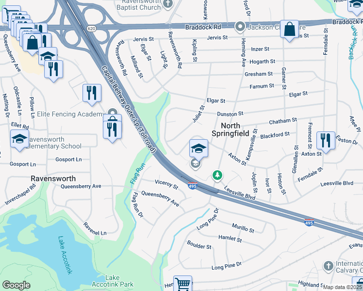 map of restaurants, bars, coffee shops, grocery stores, and more near 7530 Axton Street in Springfield