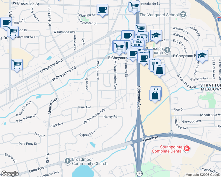 map of restaurants, bars, coffee shops, grocery stores, and more near 2040 Mount Washington Avenue in Colorado Springs