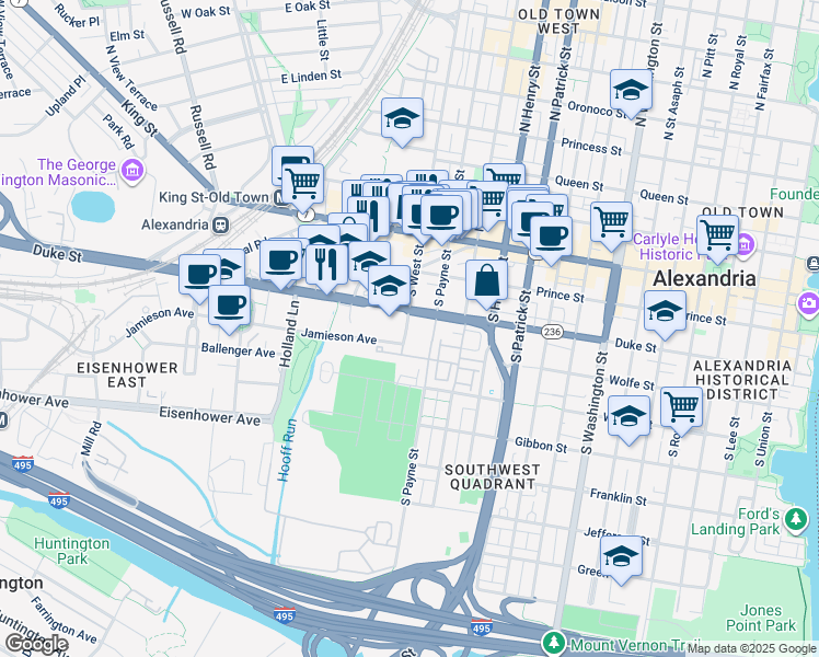 map of restaurants, bars, coffee shops, grocery stores, and more near 320 South West Street in Alexandria