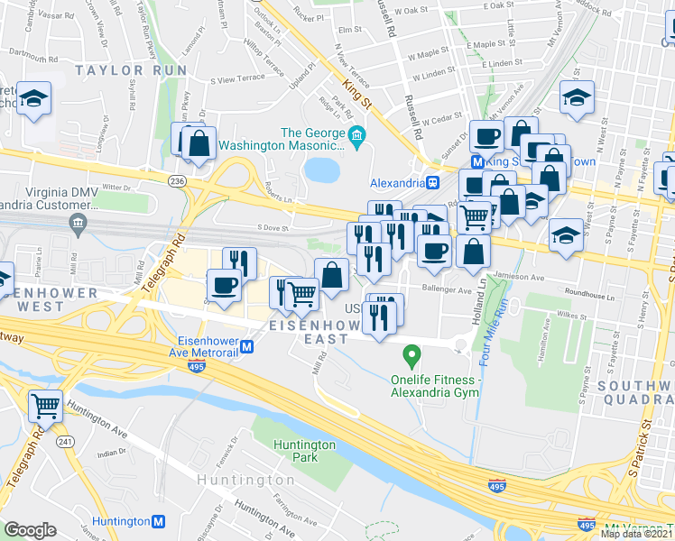 map of restaurants, bars, coffee shops, grocery stores, and more near 2181 Jamieson Avenue in Alexandria