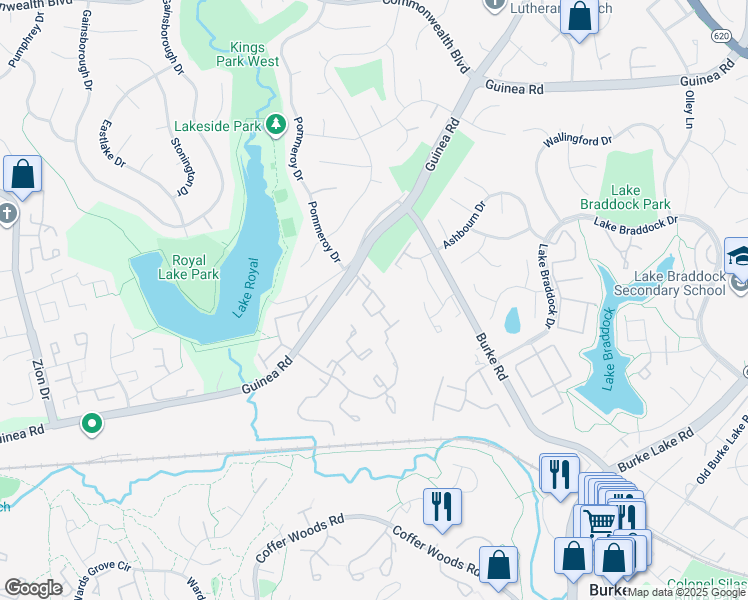 map of restaurants, bars, coffee shops, grocery stores, and more near 9626 Pierrpont Street in Burke