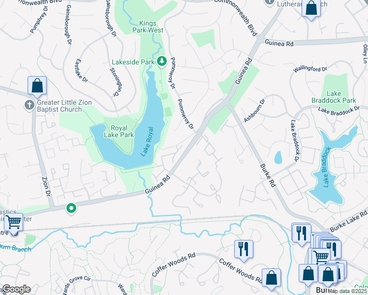 map of restaurants, bars, coffee shops, grocery stores, and more near 9807 Lakepointe Drive in Burke