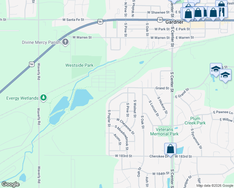 map of restaurants, bars, coffee shops, grocery stores, and more near 516 South Poplar Street in Gardner