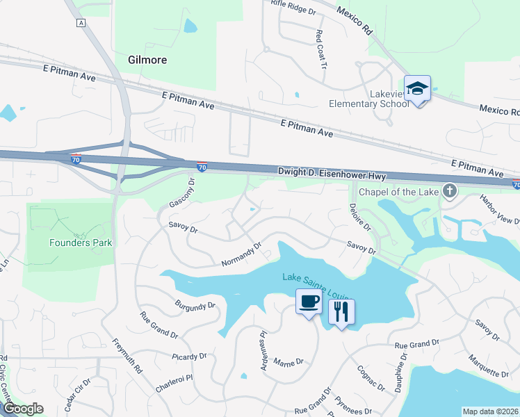 map of restaurants, bars, coffee shops, grocery stores, and more near 4 Ellis Drive in Lake Saint Louis