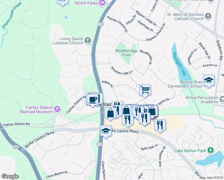 map of restaurants, bars, coffee shops, grocery stores, and more near 10947 Adare Drive in Fairfax