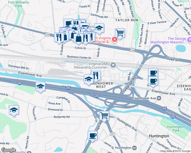 map of restaurants, bars, coffee shops, grocery stores, and more near 114 Ike Drive in Alexandria